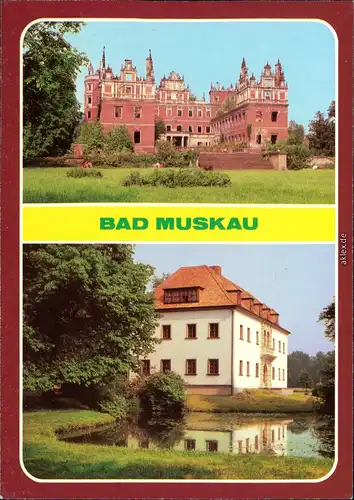 Bad Muskau Blick auf das Neues Schloss (Schlossruine) und Altes Schloß mit Teichanlage 1981