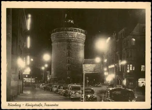 Ansichtskarte Nürnberg Königsstraße bei Nacht - Autos 1955