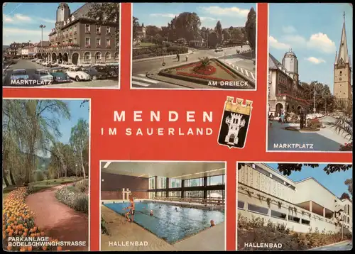 Menden Sauerland Mehrbild-AK mit MARKTPLATZ HALLENBAD BODELSCHWINGSTRASSE 1970