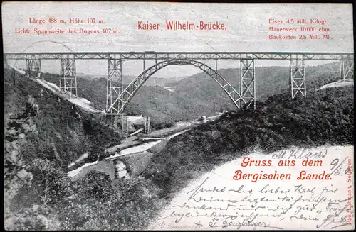 Ansichtskarte Remscheid Kaiser-Wilhelm-Brücke mit Technik-Daten 1901