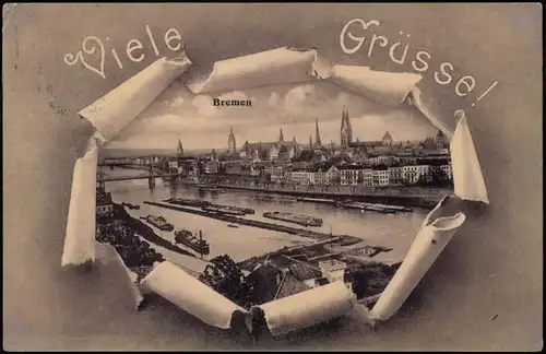 Ansichtskarte Bremen Effektkarte - Stadt, Hafen - Viele Grüsse 1910