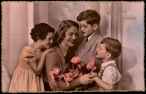 Neujahr Sylvester New Year BONNE ANNÉE (frz. Karte mit Familie) 1940