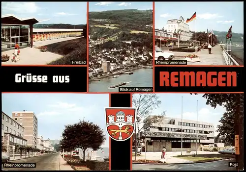 Ansichtskarte Remagen Mehrbild-AK mit Post Freibad Rheinpromenade 1976