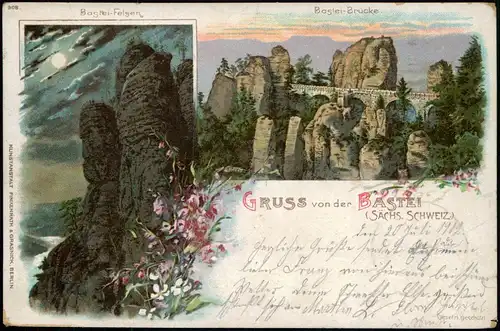 Litho AK Rathen 2 Bild Basteifelsen (Sächsische Schweiz) Tag und Nacht 1902