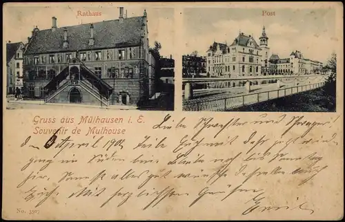 Mülhausen Mulhouse Straßen Ansichten 2-Bild-Karte mit Rathaus u. Post 1900