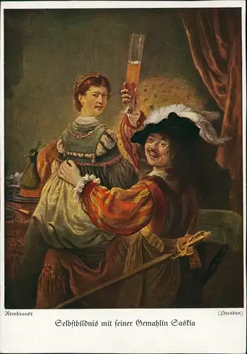 Künstlerkarte Gemälde Kunstwerk Rembrandt Selbstbildnis Gemahlin Saskia 1935