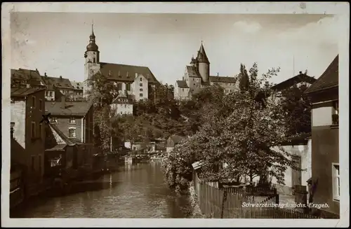 Schwarzenberg (Erzgebirge) Ortsansicht, Partie am Fluss 1929  (Bahnpoststempel)