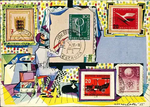 Ansichtskarte  Künstlerkarte Bundespostkartenkalender Briefmarken 1956