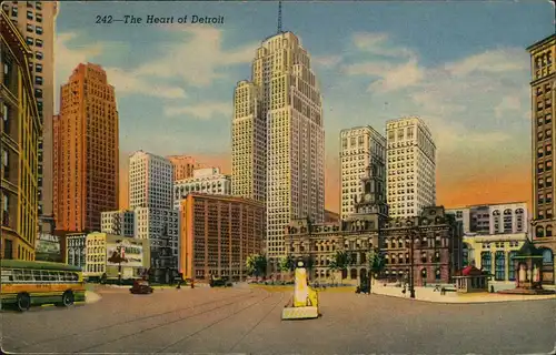 Postcard Detroit The Heart of Detroit Stadtansicht (Town View) 1952