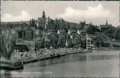 Ansichtskarte Wetter (Ruhr) Freibad, Sprungturm mit Harkotsee u. Freiheit 1957