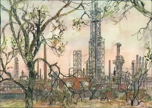 Ruhrgebiet ARAL Werbekarte Künstlerkarte Industrie-Anlage a.d. Ruhr 1960