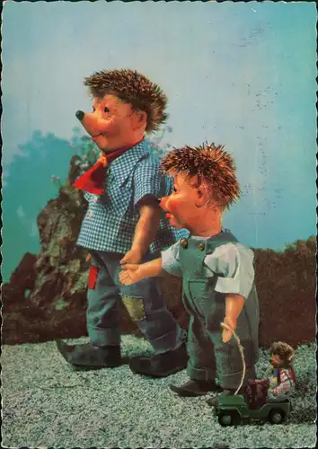 Ansichtskarte  Mecki (Igel-Figuren) mit "Mini-Mecki" im Spielzeug-Auto 1959