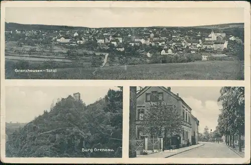 Ansichtskarte Höhr-Grenzhausen Burg Grenzau, Totale, Haus Weiß am Zoll 1940