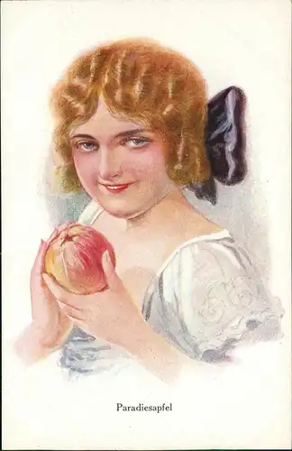 Ansichtskarte  Künstlerkarte Paradiesapfel junge Frau mit Apfel 1912