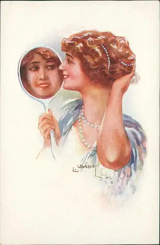 Künstlerkarte schöne Frau Spieglein, Spieglein an der Wand 1919