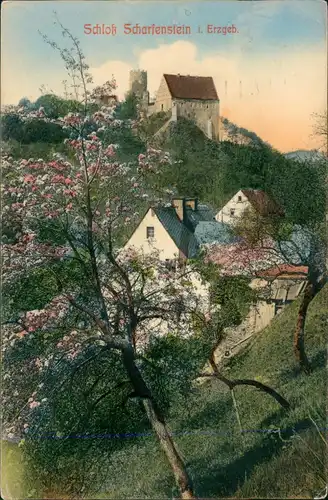 Scharfenstein-Drebach (Erzgebirge) Schloss, Baumblüte - colorierte AK 1912