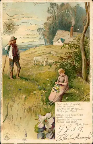 Ansichtskarte  Künstlerkarte Schäfer und Frau - Goldsonne 1900 Goldrand