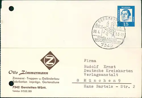 Fabrik Zimmerei Treppen- u. Geländerbau Gerstetten Württemberg 1963