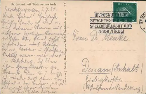 Ansichtskarte Berchtesgaden mit Watzmannwände 1931