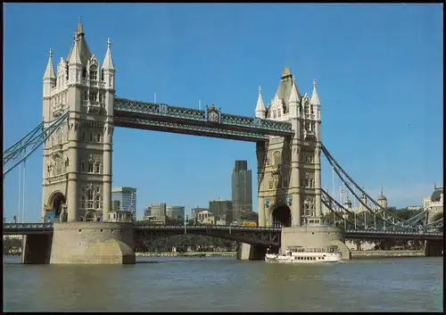 Postcard London Tower Bridge, Brücke mit Fahrgastschiff 1990