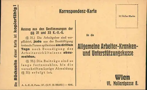 Ansichtskarte Wien Karte Abmeldung Allgemeine Arbeiter Krankenkasse 1937