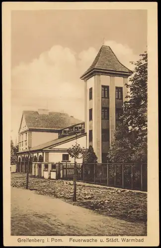 Postcard Greifenberg Gryfice Feuerwache u. Städt. Warmbad 1924