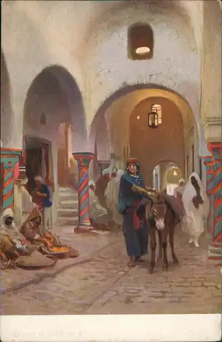 Ansichtskarte  Künstlerkarte orientalische Straßenszene Frau mit Esel 1913