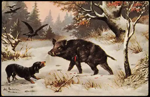 Ansichtskarte  Künstlerkarte Winterwald Dackel und Wildschwein 1913