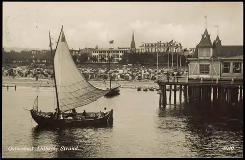 Ansichtskarte Ahlbeck (Usedom) Segelboot an der Seebrücke, Villen 1938