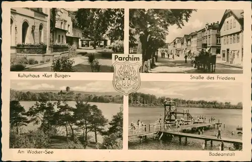 Parchim DDR Mehrbild-AK Straße Friedens Kulturhaus Kurt Bürger Badeanstalt 1959