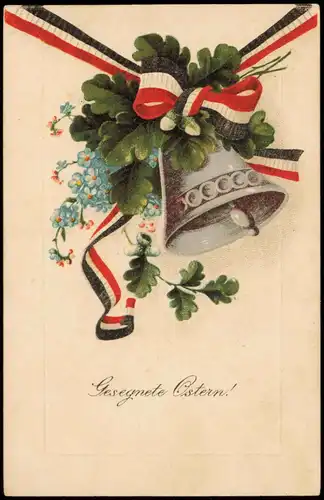 Glückwunsch Ostern Glocke mit Schleife und Eichenlaub 1916 Prägekarte Feldpost