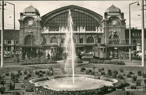 Ansichtskarte Basel Bundesbahnhof, Straßenbahn 1959