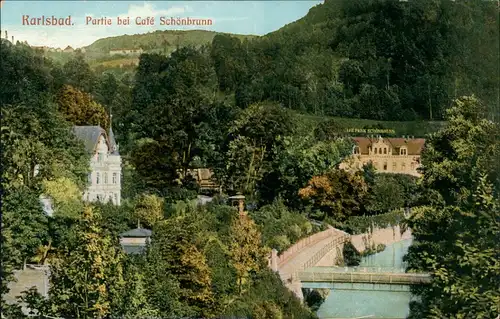 Postcard Karlsbad Karlovy Vary Partie bei Café Schönbrunn 1913