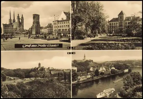 Halle (Saale) DDR Mehrbild-AK mit Postamt, Burg und Marktplatz 1968