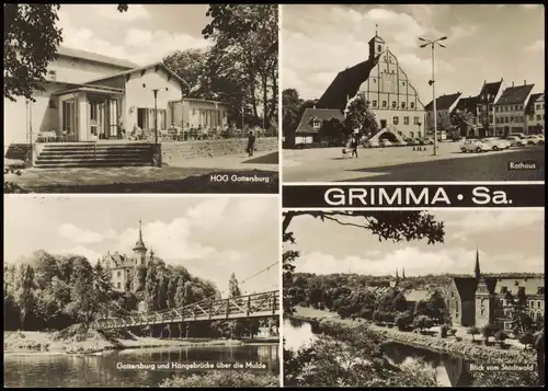 Grimma DDR Mehrbild-AK mit Rathaus Stadtwald,   Hängebrücke über die Mulde 1968