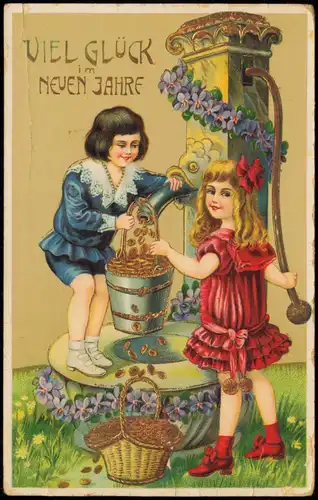 Neujahr Sylvester New Year Kinder Pumpen Goldstücke 1913 Goldrand