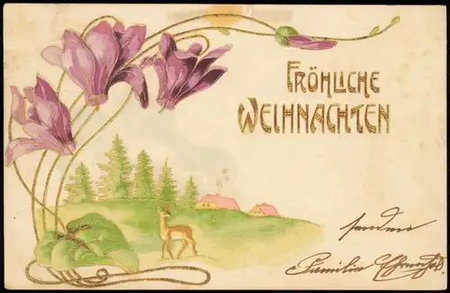 Ansichtskarte  Weihnachten - Christmas Landschaft JUGENDSTIL AK 1903 Goldrand