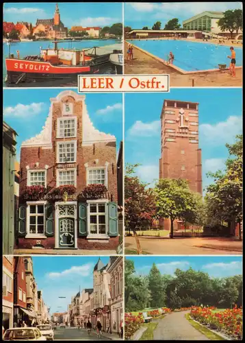 Leer (Ostfriesland) Mehrbildkarte mit Schiff Seydlitz, Freibad, Geschäftshaus uvm. 1970