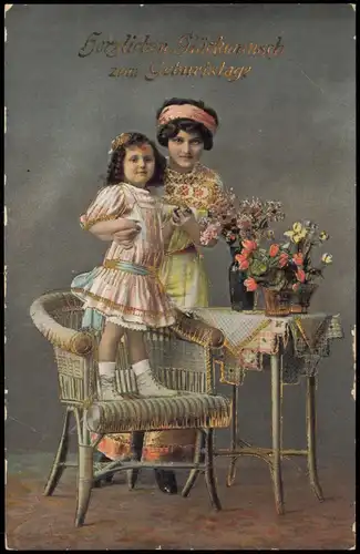 Glückwunsch Geburtstag Birthday Mutter und Tochter am Gabentisch 1912 Goldrand