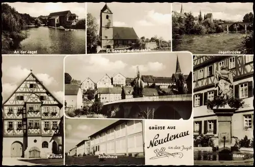 Ansichtskarte Neudenau Jagst, Brücken, Statue, Schulhaus 1963