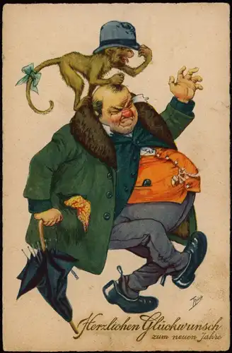 Neujahr Sylvester New Year Affe tanzt auf dem Kopf eines Mannes 1922