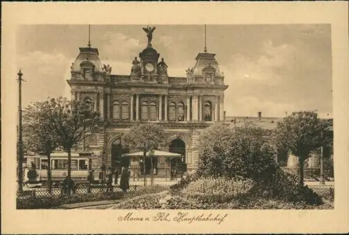 Ansichtskarte Mainz Bahnhof, Straßenbahn 1922