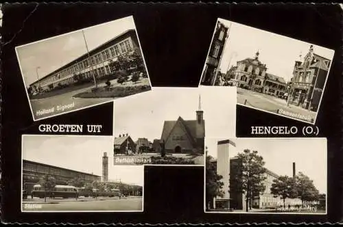 Postkaart Hengelo Bethlehemkerk Gemeentehuis Station MB 1962