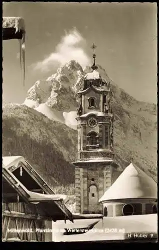Ansichtskarte Mittenwald Pfarrkirche m. Wettersteinspitze im Winter 1959