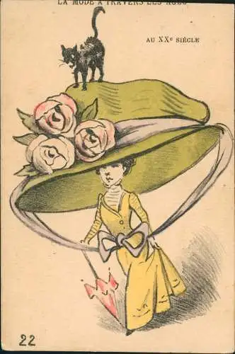 Künstlerkarten Mode Kleidung Frau schwarze Katze Riesenhut 1913