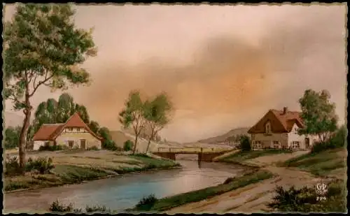 Künstlerkarte (aus Frankreich) Landschaft mit Häusern am Fluss 1943