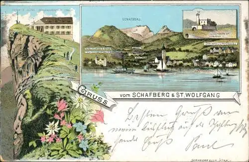 Litho AK St. Wolfgang im Salzkammergut Peter Hotel, Schafberg - 2 Bild 1905