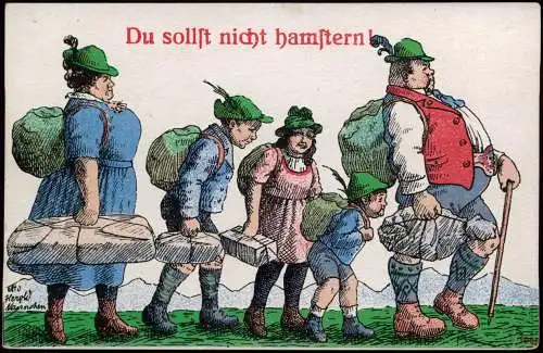 Scherzkarte Familie mit Paketen beim wandern Du sollst nicht Hamstern 1916