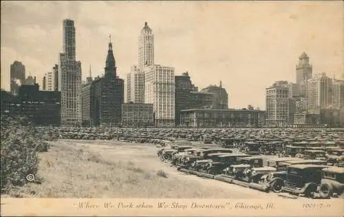 Postcard Chicago Wolkenkratzer und Parkplatz 1933