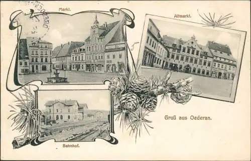 Ansichtskarte Oederan Bahnhof. Markt. Altmarkt. - 3 Bild 1906